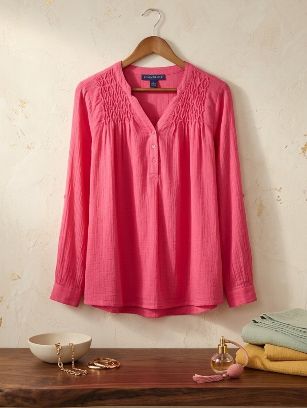 BANDOLINO Pink Crepe Cotton Peasant Top Long-Sleeve Smocked Yoke Blouse Shirt